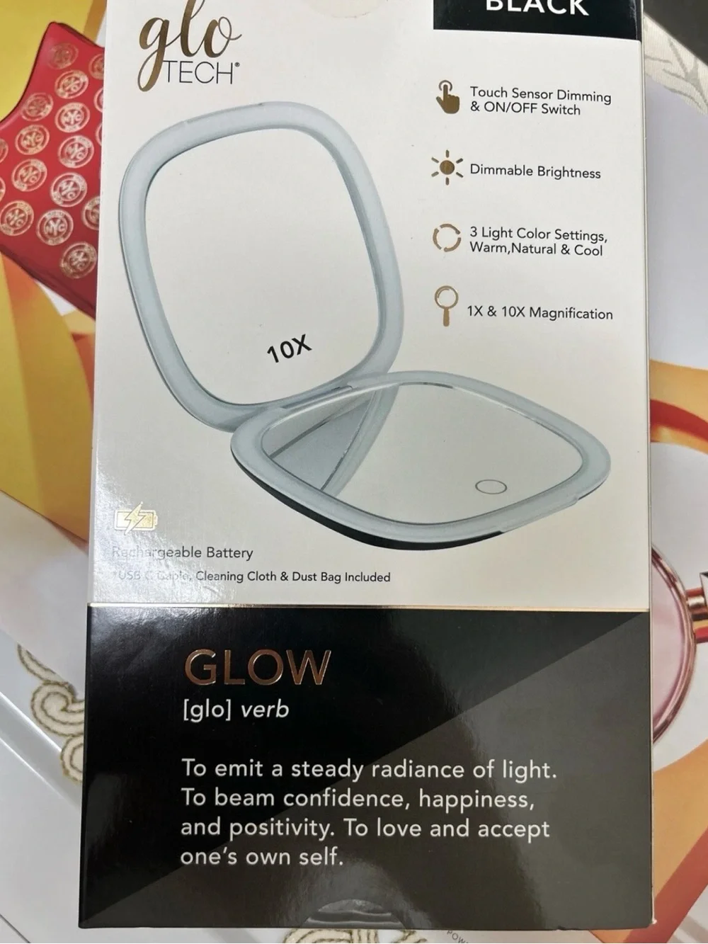 GloTech LED Compact Makeup Mirror 1x & 10x Magnification - Choose Black or White